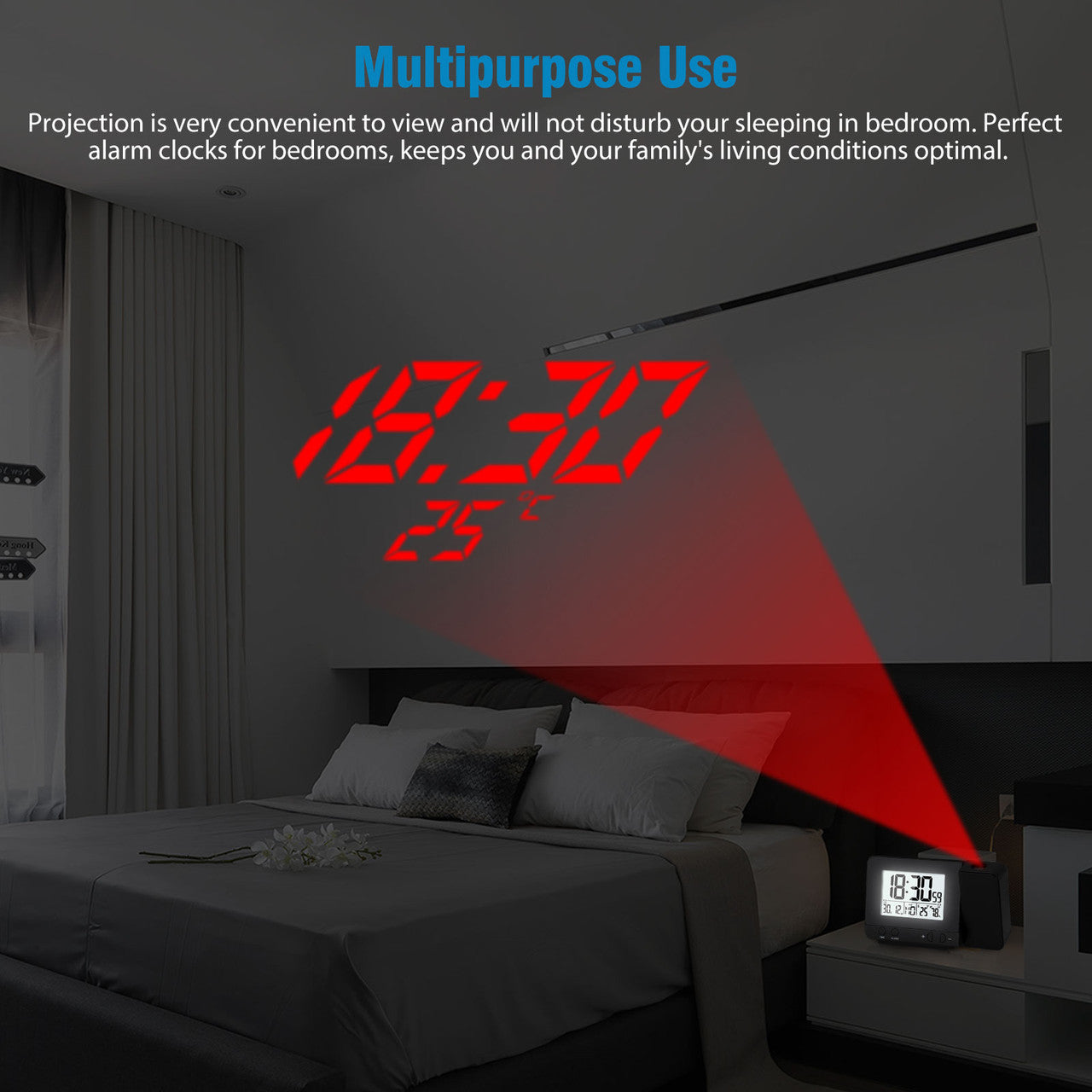 Digital Clock Projector with Indoor Thermometer, LED Display, USB Charging, Snooze Function, Black