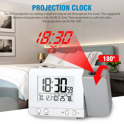 Digital Clock Projector with Indoor Thermometer, LED Display, USB Charging, Snooze Function, Silver