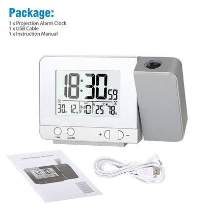 Digital Clock Projector with Indoor Thermometer, LED Display, USB Charging, Snooze Function, Silver
