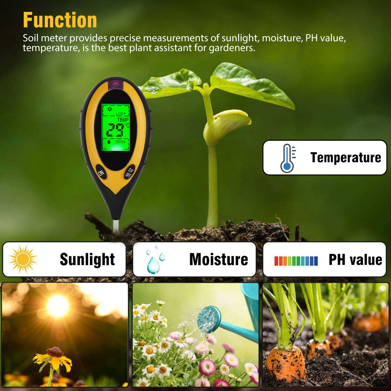 4 in 1 Soil Moisture Sensor Meter Tester, LCD Soil Water Monitor, Soil PH/Humidity/Temperature/Light Tester Hygrometer Great for Garden, Farm, Lawn, Plant Indoor & Outdoor Care Tool, Battery Included