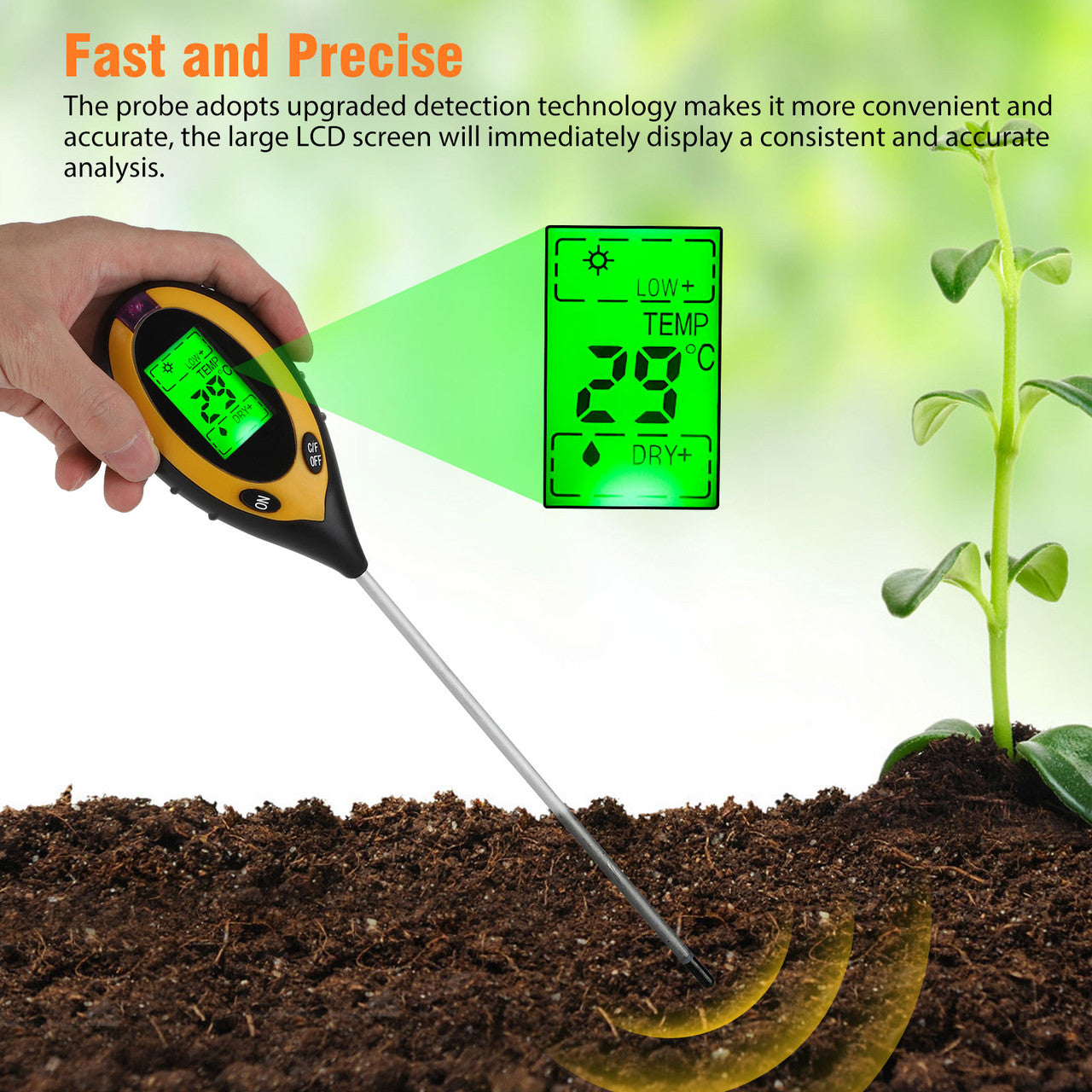 4 in 1 Soil Moisture Sensor Meter Tester, LCD Soil Water Monitor, Soil PH/Humidity/Temperature/Light Tester Hygrometer Great for Garden, Farm, Lawn, Plant Indoor & Outdoor Care Tool, Battery Included