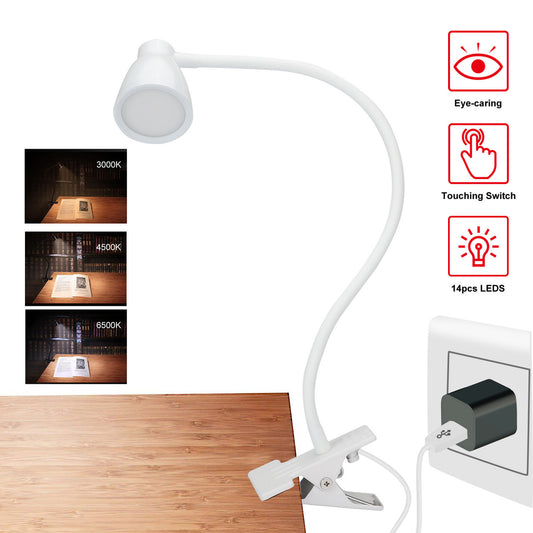 Clamp Lamp Reading Light 3000-6500K Adjustable Color Temperature 6 Brightness Dimmer 3W 10 LED Beads, Desk Lamp 360掳 Flexible Gooseneck Clip on Light for Bed, AC Adapter and USB Cord Included, White