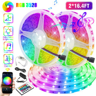 Color Changing RGB LED Strip 24-Key Remote, 5 Light Pattern, App Controlled LED Rope Lights, 3528 RGB LED Light Strip for Home(Remote+Timer Mode+Three Control Modes)