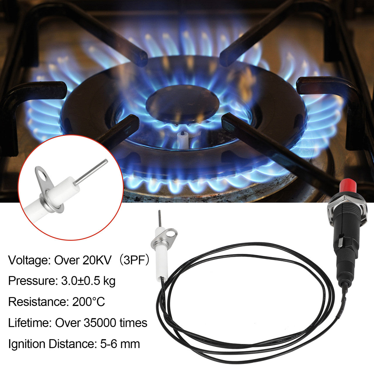 2 Sets Piezo Spark Ignition, Propane Push Button Piezo Igniter with Threaded Ceramic Electrode Ignition Plug Wire 100cm 200 Degree Resistance, Fit for Gas Fireplace, Oven, Heater, Kitchen lgniter