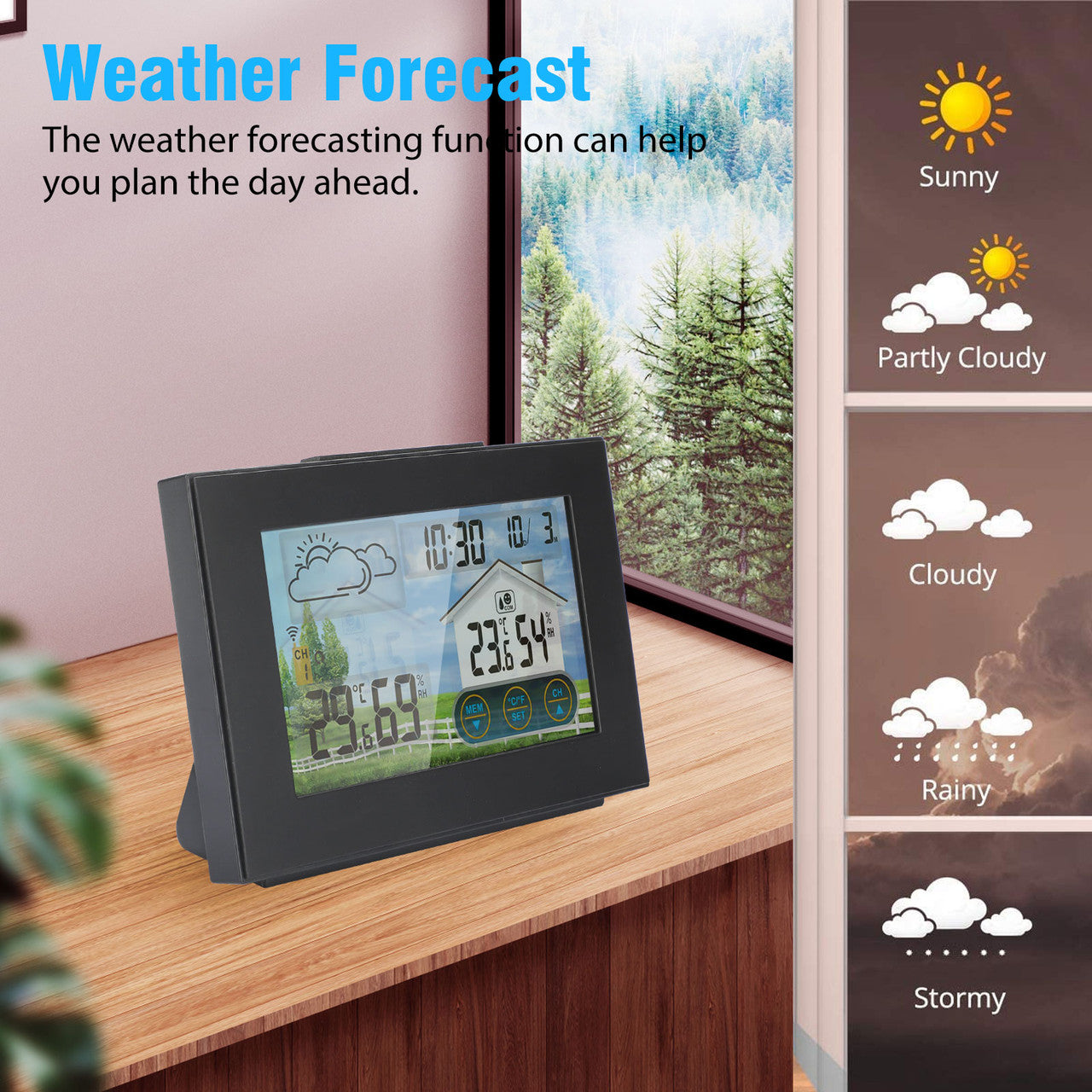Wireless Digital LCD Clock, Indoor Outdoor Thermometer Hygrometer with Sensor, LCD Color Screen, Digital Temperature Humidity Monitor, Weather Forecast, Alarm Clock