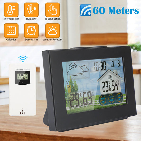 Wireless Digital LCD Clock, Indoor Outdoor Thermometer Hygrometer with Sensor, LCD Color Screen, Digital Temperature Humidity Monitor, Weather Forecast, Alarm Clock