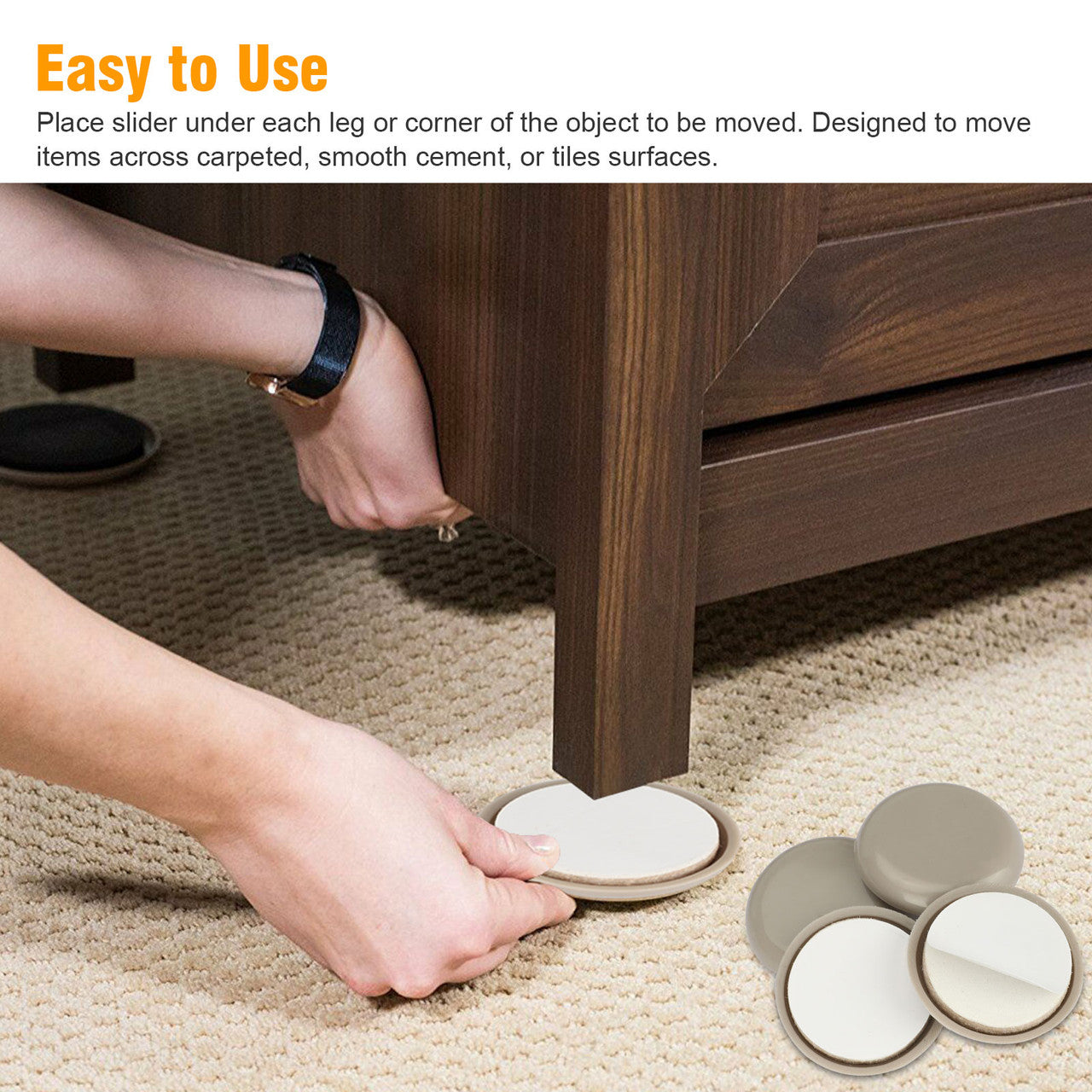 Round Furniture Sliders Self Stick for Carpet Surfaces, 16pcs