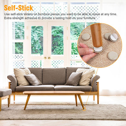 Round Furniture Sliders Self Stick for Carpet Surfaces, 16pcs