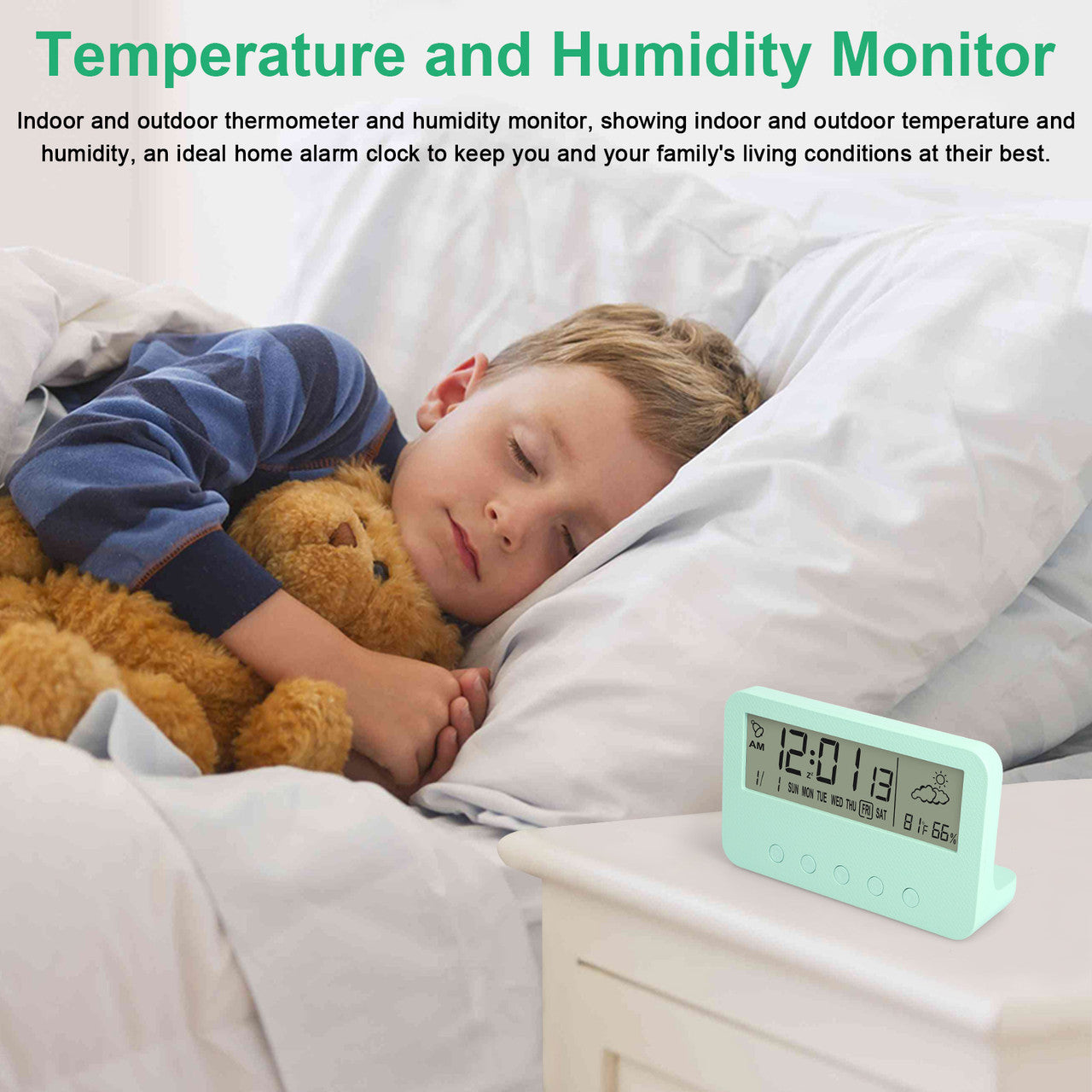 Luminous Digital Alarm Clock with a LCD Screen, Temperature and Humidity Monitor,and Snooze Function