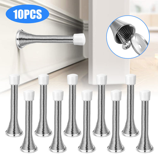 10 Packs Spring Door Stop - Protecting Your Wood, Steel and Fiberglass Doors from Marks and Scratches, Spring Door Stopper with White Rubber Bumper Tips (Silver, White Bumpers)