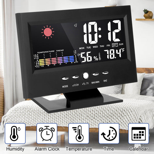 LED Color Screen Digital Weather Clock - With Humidity, Indoor Temperature, Moon Phase, Bedroom Electric Clocks  Date/Weekday/Auto Dst/USB Ports (Black)