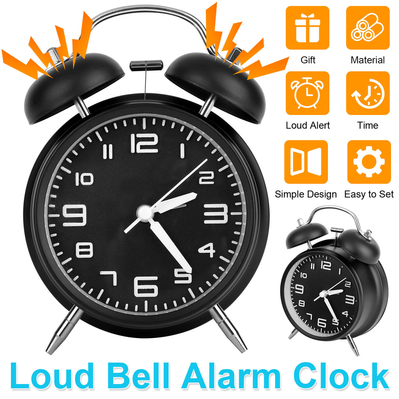 4 Inches Vintage Alarm Clock - Twin Bell Loud Alarm Clock (Black)