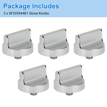 5PCS W10594481 Gas Stove Knobs Replacement for Whirlpool- stainless steel stem and aluminum ring,Heat-resistant frosted surface