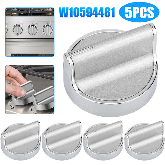 5PCS W10594481 Gas Stove Knobs Replacement for Whirlpool- stainless steel stem and aluminum ring,Heat-resistant frosted surface
