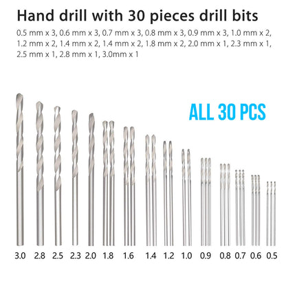PinMicro Mini Twist Drill Bits Set with Precision Hand Pin Vise Rotary Tools for Wood, Jewelry, Plastic etc (0.5-3mm), (31PCS)