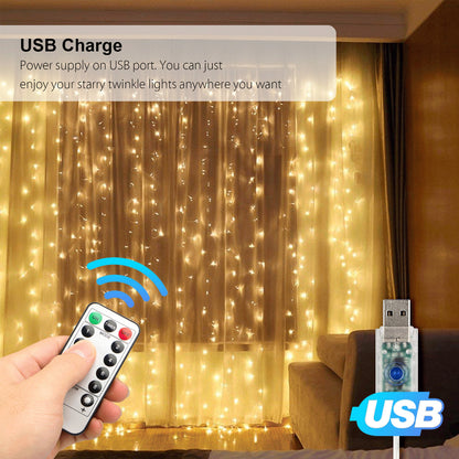 Curtain String Lights,300LEDs 9.8x9.8Ft,USB Powered Fairy Lights,IP67 Waterproof & 8 Modes Twinkle Christmas Lights for Trees Bedroom Wedding Holiday Wall Decor, Warm White
