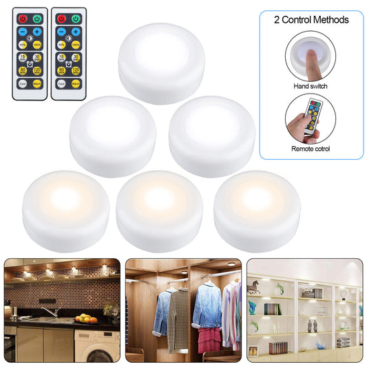 Wireless LED Puck Light Fairy Lights Under Cabinet Counter Lighting, Stick On Lights Battery Powered Night Lights with Remote Control, Dimmable Closet Lights, 6-pack