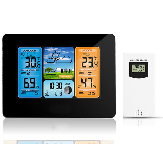Digital Indoor/Outdoor Thermometer & Hygrometer Clock, Weather Forecast with LCD Backlight, Black