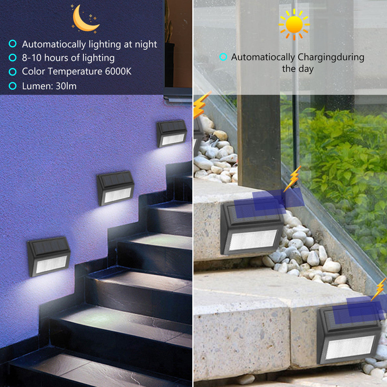 Solar Stair LED Wireless Waterproof Lighting, Wall Mount Sensor Night Light, Path Security Lamp, for Outdoor Deck, Patio, Stair, Yard, Path and Driveway, 2Pcs