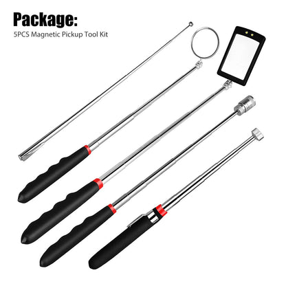 Magnetic Telescoping Pick-up Tool Kit with 10lb 8lb and 1.5lb Pick Up Rod, Round and Square 360 Swivel Adjustable Inspection Mirror and Telescoping Flexible LED Light, 5PCS