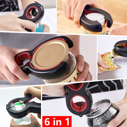 All in One Bottle Opener, Multi-Function 6 in 1 Bottle Opener, Manual can opener, Multi Kitchen Tools Set, Can, Soda, and Jar Openers, Twist Off Lid, Pull Open Pull Tabs, Ripped Bag Mouth