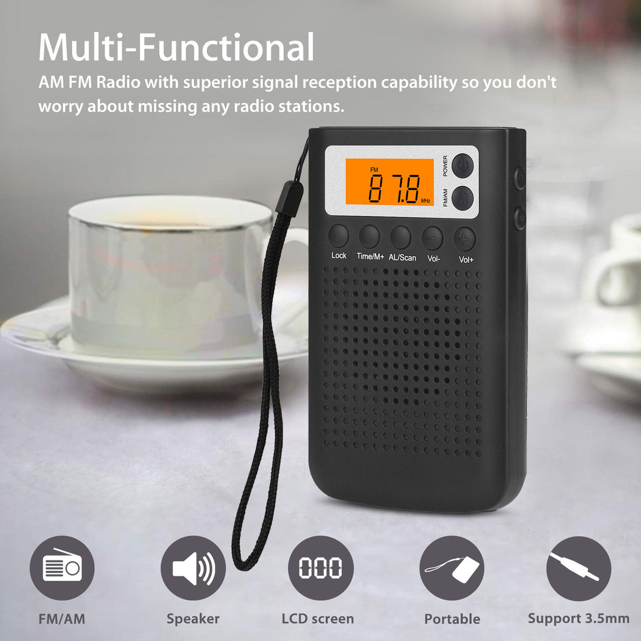 Portable Digital Radio, AM/F-M Battery Operated Pocket Radio - Best Reception and Longest Lasting, AM/F_M Compact Radio Player Operated by 2 AAA Battery, with 3.5mm Headphone Socket (Black)