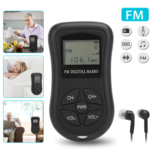 Stereo LCD Digital Display Tuning Pocket Transistor Conference Receiver w/ Earphone, Small Pocket Radio Operated 2 AAA Batteries for Walking/Running