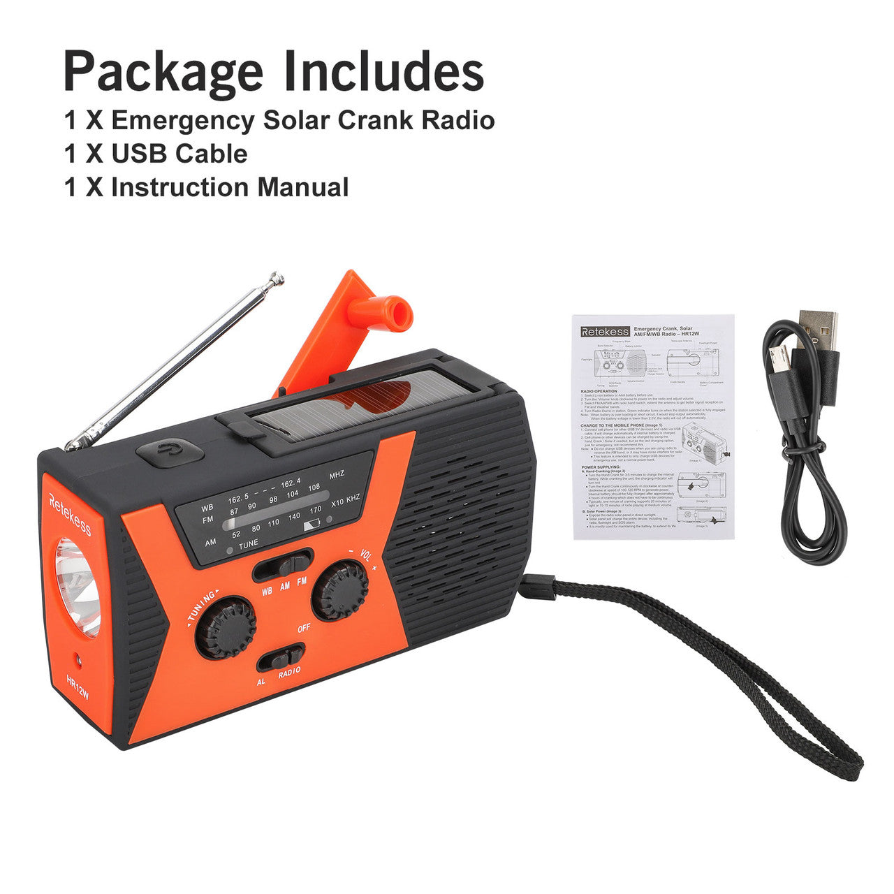Portable AM/FM NOAA Weather Radio for Outdoor Household Emergency Device, LED Flashlight, Reading Lamp, 2000mAh Power Bank USB Charger SOS Alarm