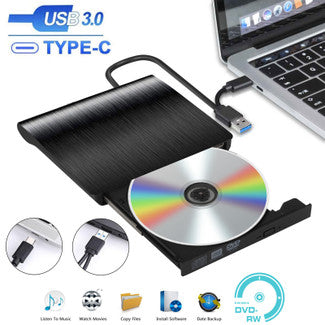 External CD DVD Drive for PC Laptop, DVD Player CD Burner Type C USB 3.0 Portable CD DVD +/-RW External Disk Drive Optical Drive Slim CD DVD ROM Recorder Writer Adapter fits for Mac/Windows/Linux, Black