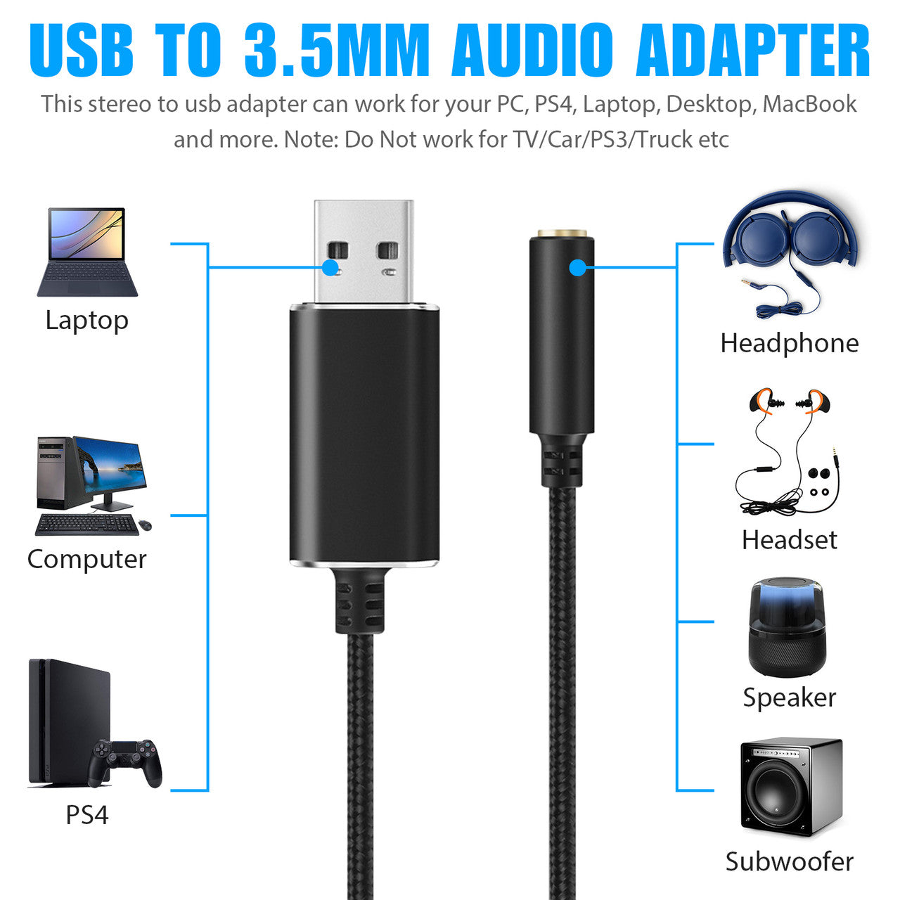 USB to 3.5mm Aux Headphone Jack Cable Audio Adapter For PC PS4 Laptop MacBook