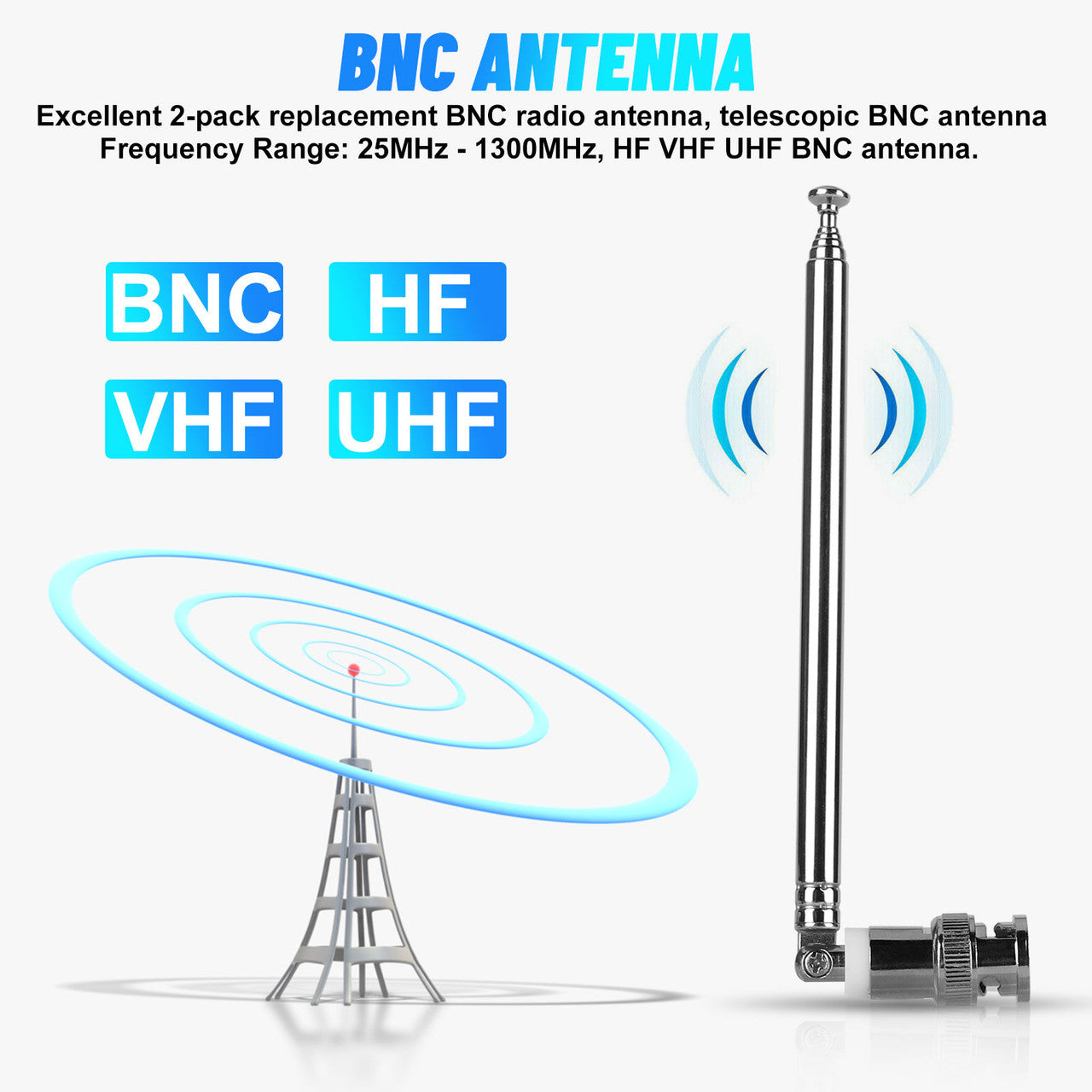 2x Replacement Telescopic BNC Antenna Connector for Radio Scanner/VHF/UHF/AM/FM