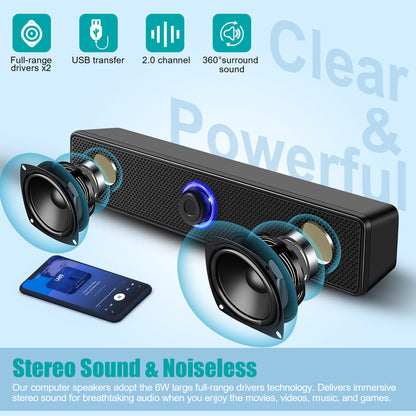 Stereo USB Powered Soundbar Stylish Speaker for PC Tablets Desktop Cellphone Laptop