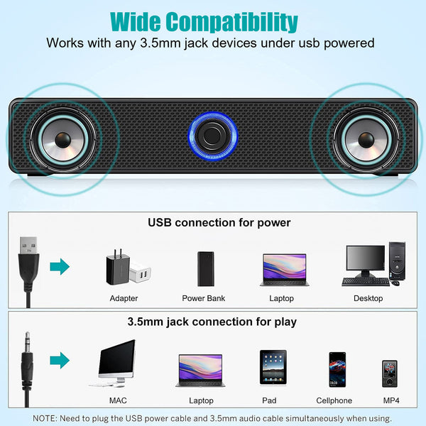 Portable Stereo Soundbar Bass PC Mac Stereo Bass Soundbar Speakers – 3.5mm & USB Wired For Desktop, Laptop, PC, Mac Computer Soundbar