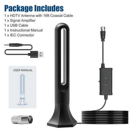New Digital Indoor TV Antenna- FULL HD Channels，250 Miles signal reception range，16ft Long Coaxial Cable& USB Power Cable， WITHOUT A MONTHLY BILL