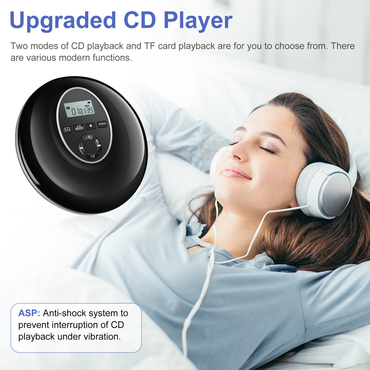Rechargeable Portable CD Player - For Car and Travel, Walkman CD Player with Headphone and Anti-skip/Shockproof, Personal CD Player with LCD Display, Aux Cable, Backlight (Black)