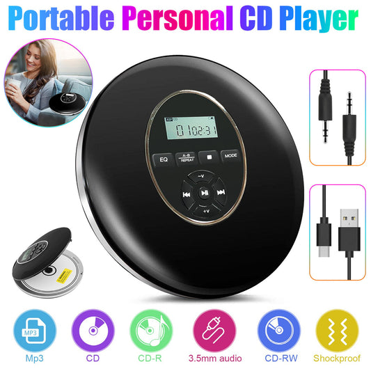 Rechargeable Portable CD Player - For Car and Travel, Walkman CD Player with Headphone and Anti-skip/Shockproof, Personal CD Player with LCD Display, Aux Cable, Backlight (Black)
