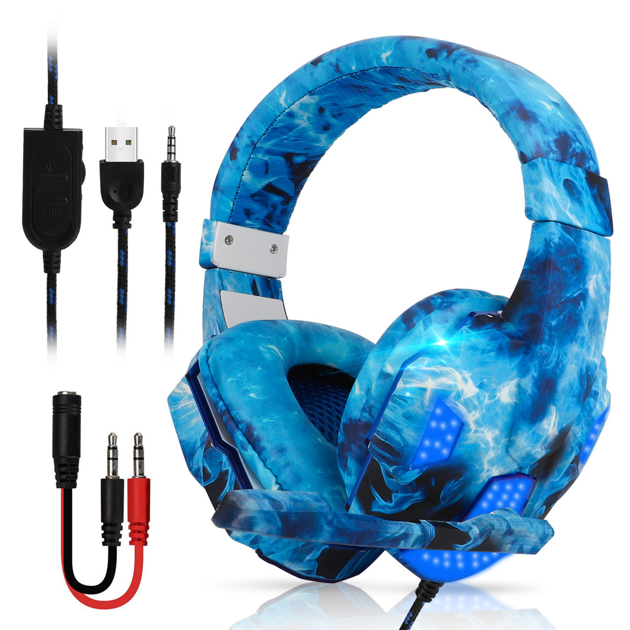 Wired Gaming Headset 3.5MM Headphone Jack - For Game, PC, Controller with Mic, Surround Sound, Soft Earmuffs (Blue)