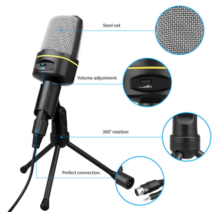 PC Microphone Portable Condenser Microphone 3.5mm Plug & Play with Tripod Stand Home Studio Recording Microphone for Computer, Smartphone, iPad, Podcasting Karaoke, YouTube, Skype, Games