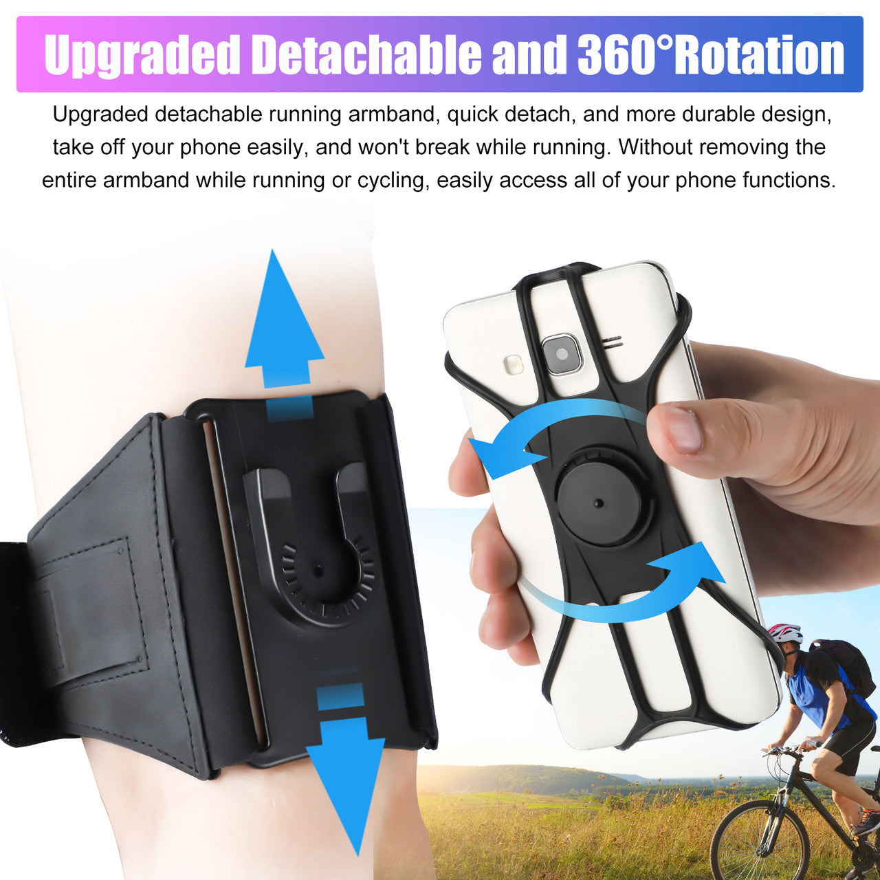 360掳 Rotatable Detachable Forearm Armband Cell Phone Holder Pouch Fit for iPhone 11 Pro Max Xs XR X 8 7 Plus 6S 6 5S Samsung Galaxy S20 S10 S9 S8 Plus S7 Edge, Google Pixel, Black