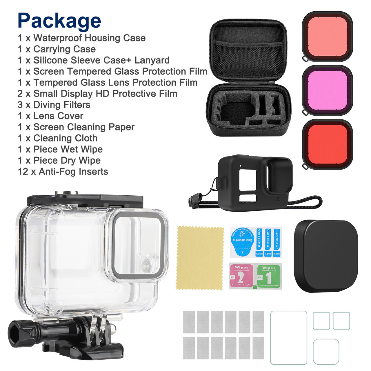 Accessories Kit for GoPro Hero 8 Black, 27 in 1 Bundle with Waterproof Housing Case + Shockproof Carrying Case + Silicone Cover + Tempered Glass Screen Protector + Lens Filters + Anti-Fog Inserts