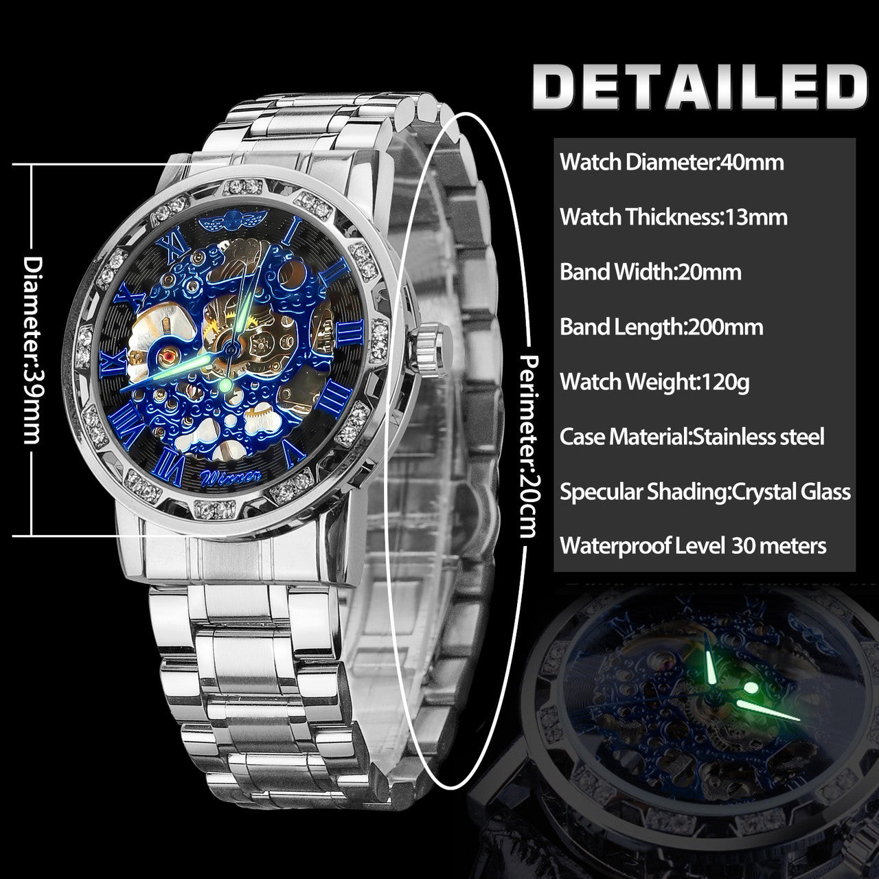 Winner Luxury Men's Stainless Steel Diamond Mechanical Watch