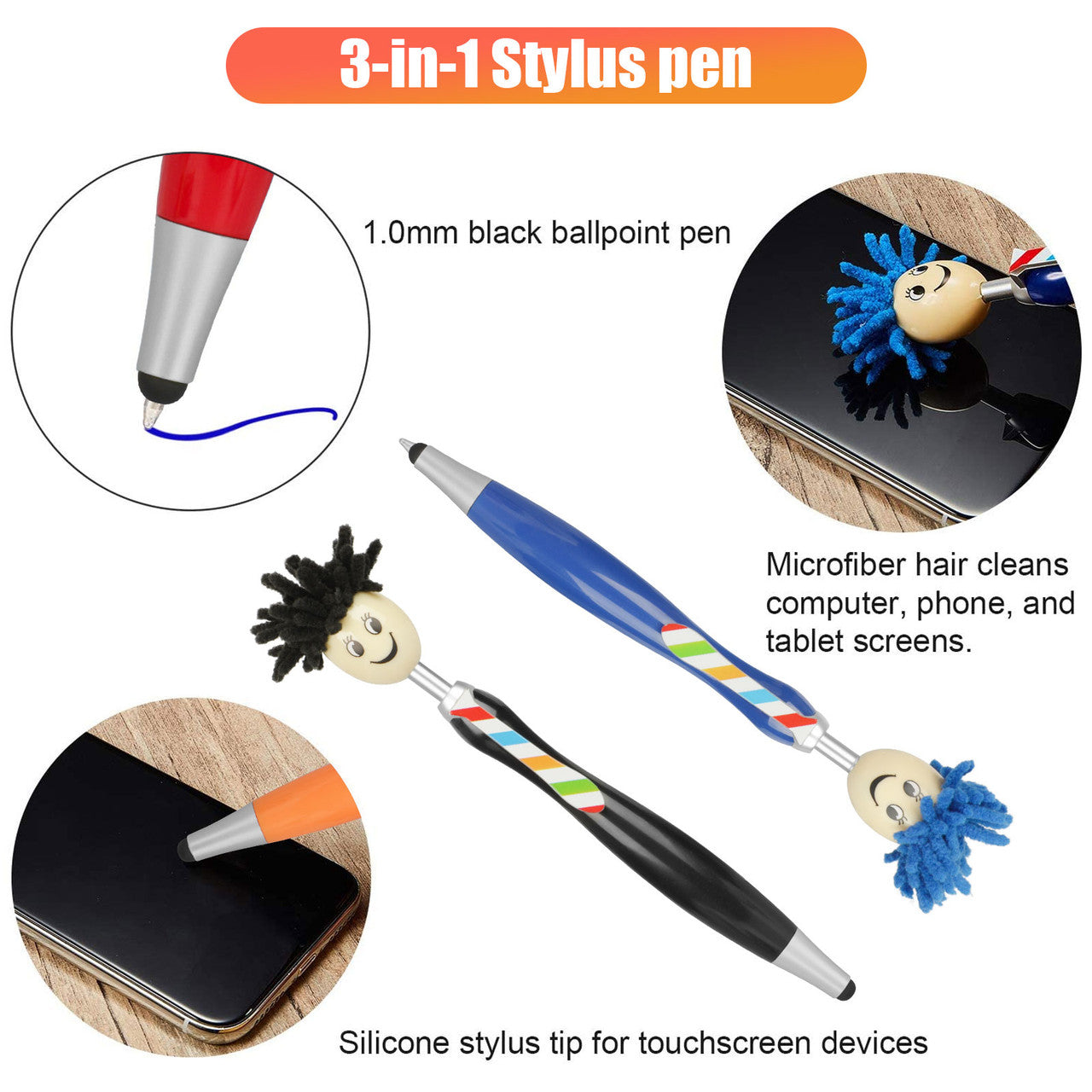 3-in-1 Stylus Pens Duster Mop Topper for Kids and Adults