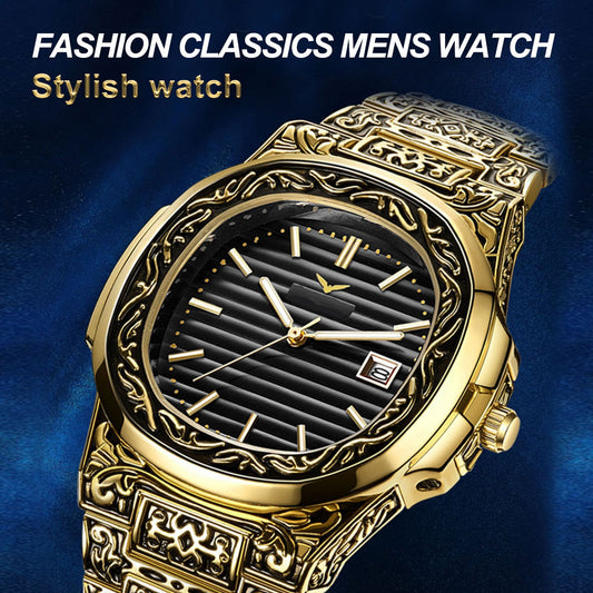 Waterproof Men's Quartz Watch Casual Relojes De Hombre Retro Business Gift, Gold