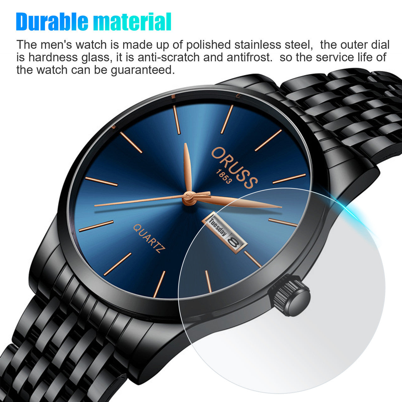 Blue Men's Elegant waterproof Quartz Watch with Stainless Steel