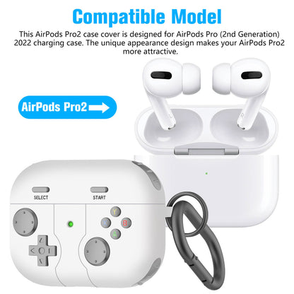 AirPods Pro 2nd Generation Case (2022) With Keychain - Soft Silicone Full Protective Game Console Design Case Cover for New AirPods Pro (White)