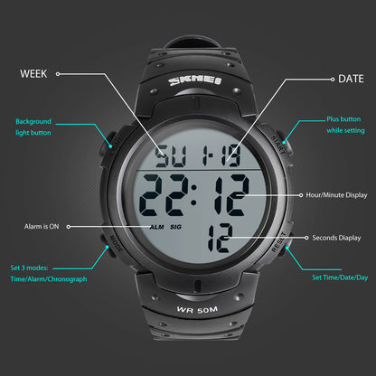 Waterproof LED Screen Large Face Military Watches Electronic Simple Army Watch with Auto Date, Alarm, Stopwatch, Luminous Night Light, Black