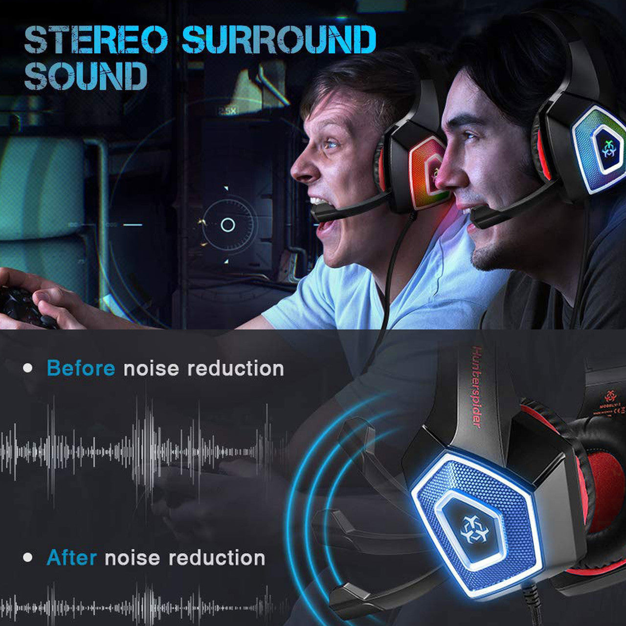 Gaming Headset with Mic Bass Noise Canceling 7 LED Soft Earmuffs, for Xbox PC Nintendo Switch