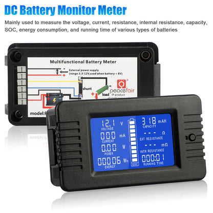 DC Battery Monitor Meter, Accurate 9 Measurement Functions Monitor Meter Display Simultaneously on LCD HD Display, for Measuring Voltage, Current, Resistance, Internal Resistance, Capacity, SOC