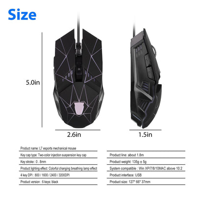 Ergonomic LED Wired Gaming Mouse - Laptop Computer Mice with 6 Programmable Buttons, 4 Adjustable DPI Up to 4800
